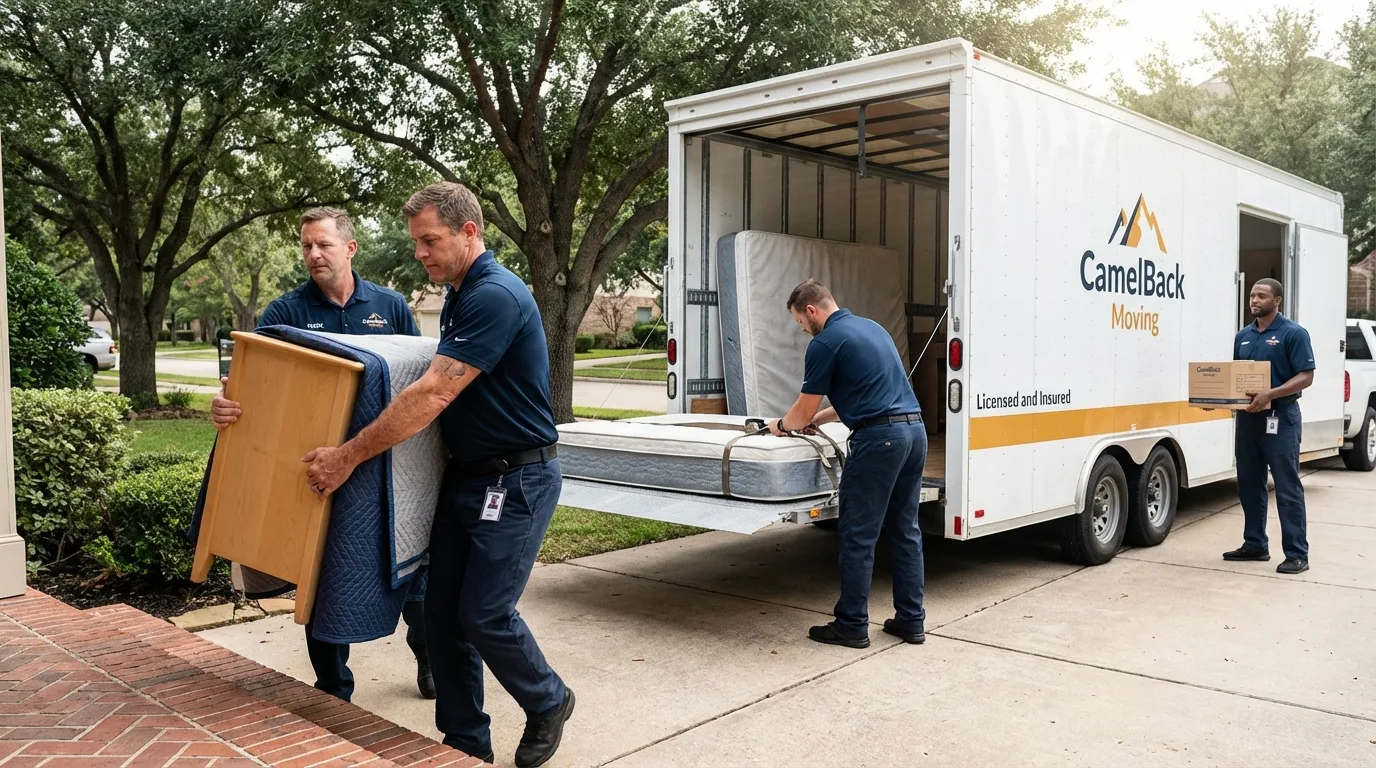Crew loading residential truck for cross-state move from Clayton, CA