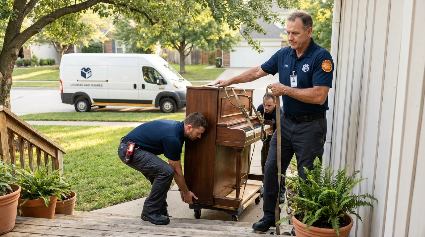 Licensed piano movers securing grand piano in Clayton, CA